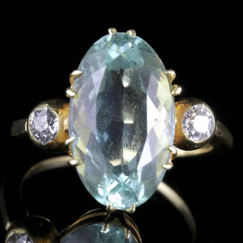 Antique Victorian Aquamarine Diamond Ring 6Ct Aquamarine Sea Green