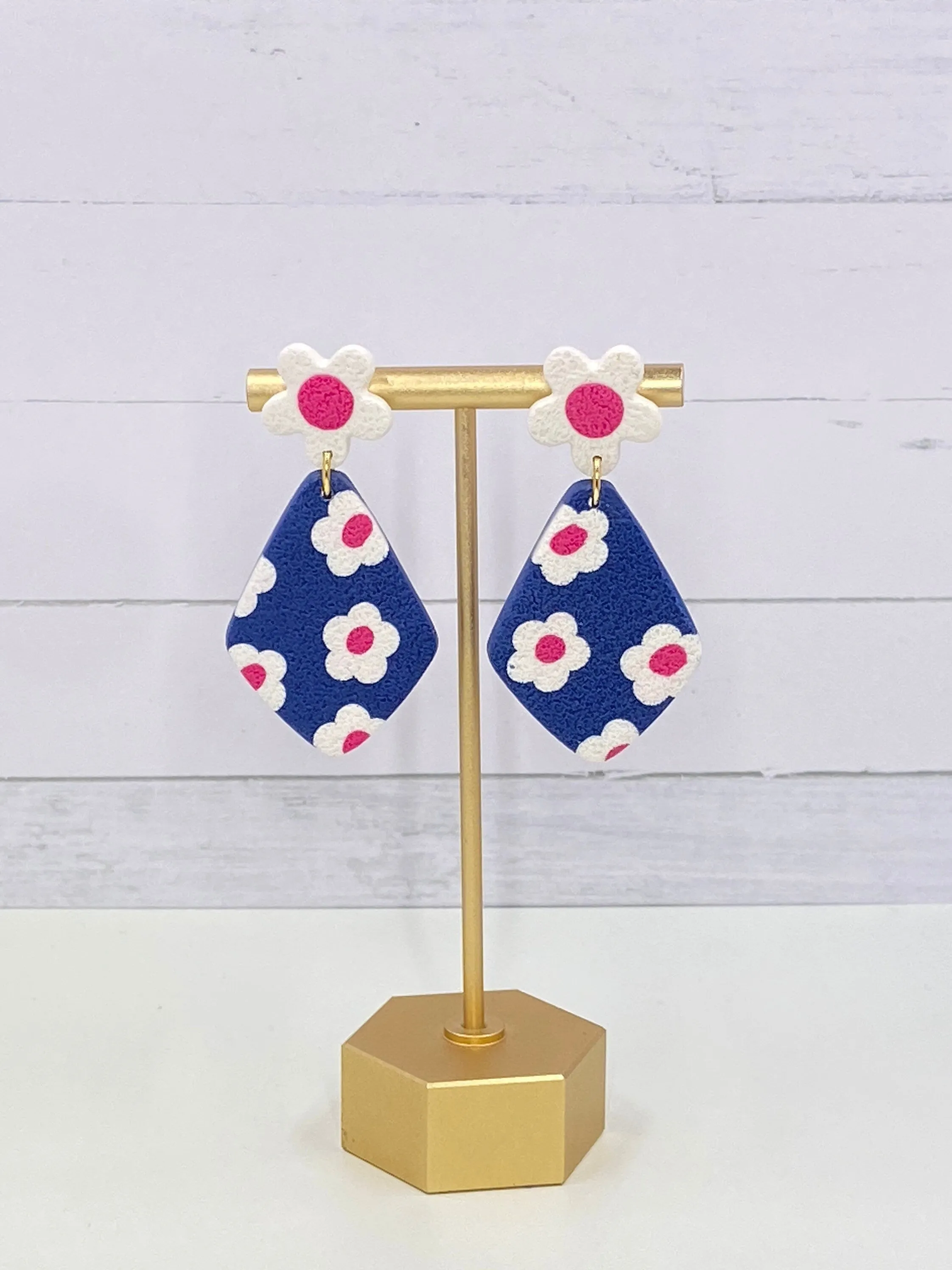 Navy Flower Clay Earrings
