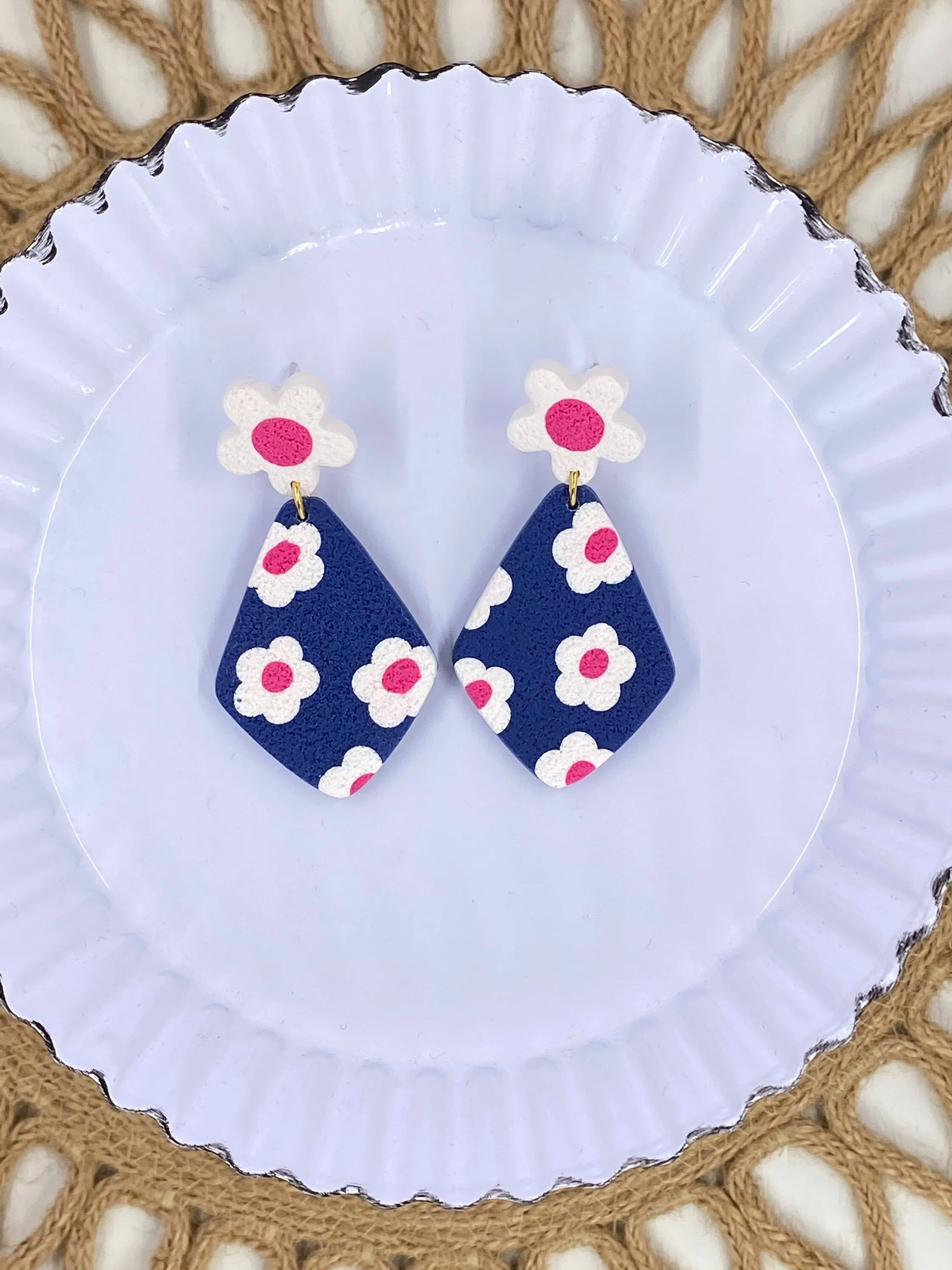 Navy Flower Clay Earrings