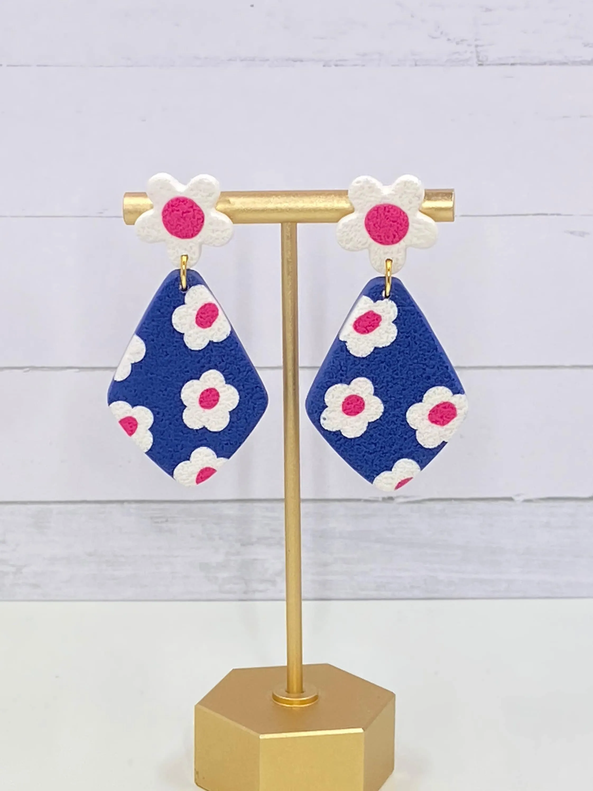 Navy Flower Clay Earrings
