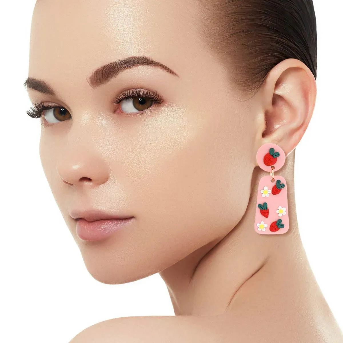 Strawberry Pink Trapezoid Dangle Earrings for Women - Fruit-Inspired Design